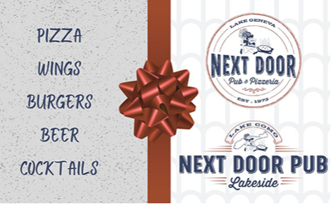 eGift card image with a ribbon and the Next Door Pub logos 