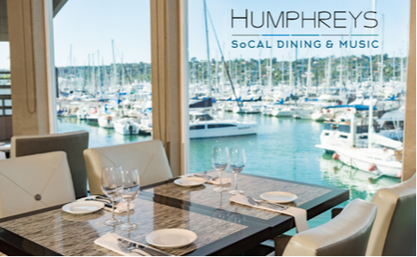 eGift card image of the view from the restaurant looking out across the marina with the Humphreys SoCal Dinning & Music logo