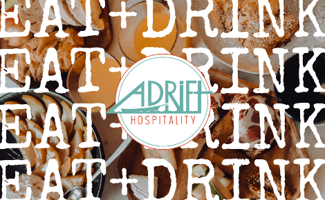 Adrift hospitality logo is centered, there's a picture of food hidden behind big lines of 