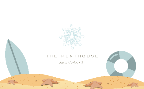 The Penthouse official logo in the middle with sand, surfboard, starfish and buoy on the bottom border.