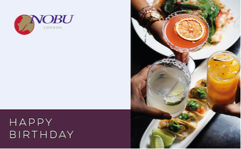 eGift card image of guest celebrating with a meal and cocktails with the text 