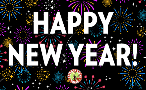 Happy New Year with fireworks shown in the background 