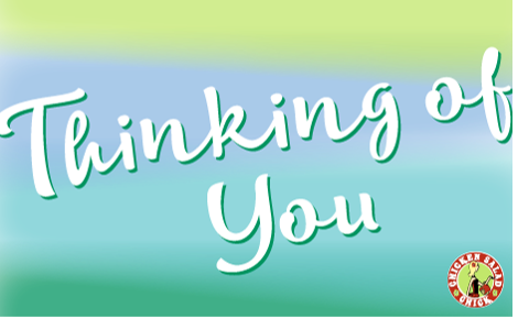 Thinking of You over blue and green gradient with Chicken Salad Chick logo in lower right corner