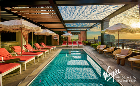 eGift card image of the pool and the Virgin Hotels New Orleans logo