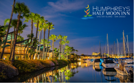 eGift card image of the marina at night with the Humphreys Half Moon Inn logo