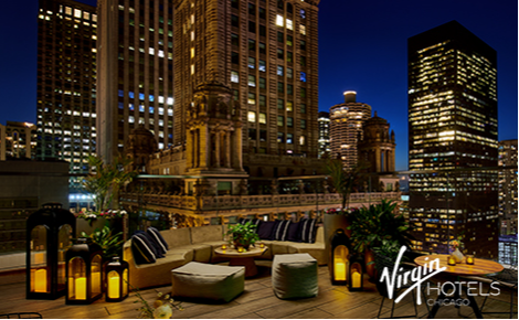 eGift card image of the patio at night with the Virgin Hotels Chicago logo