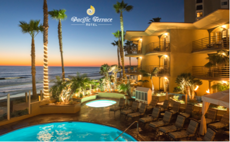 eGift card image of the pool at night with the Pacific Terrace logo