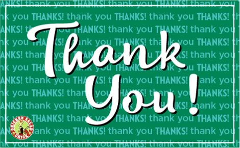 Thank you in large text over a two toned green pattern repeating thank you and THANKS