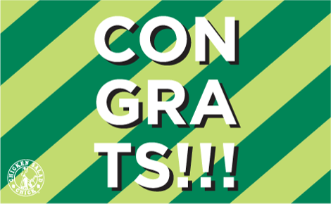 Congrats with exclamation points over two toned green stripes