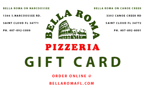 eGift card image with the Bella Roma logo and store contact details