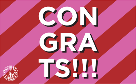 Congrats with exclamation points over pink and red diagonal stripes