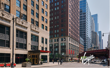 eGift card image of the exterior of the hotel with the Virgin Hotels Chicago logo