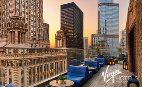 eGift card image of the Cerise patio at sunset with the Virgin Hotels Chicago logo